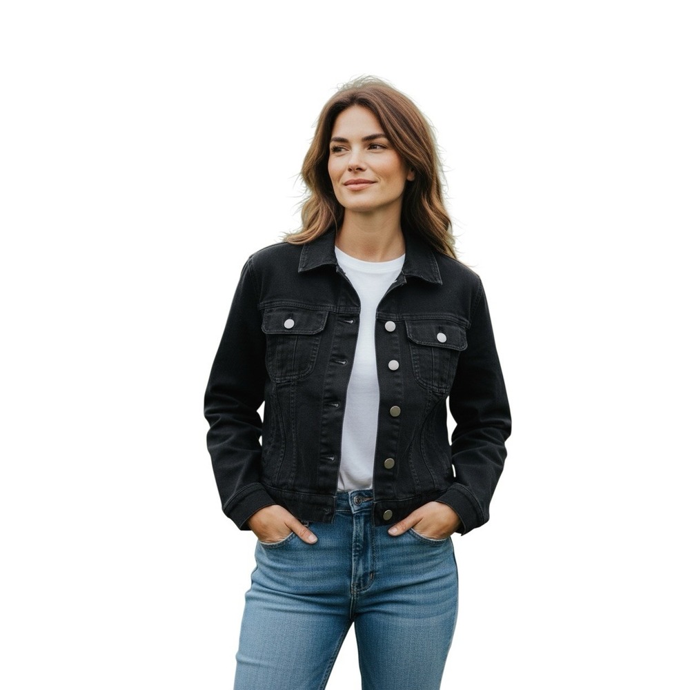 Diane Gilman Women's Denim Jacket Black Size M Stretchy Long Sleeve‎ Button Up